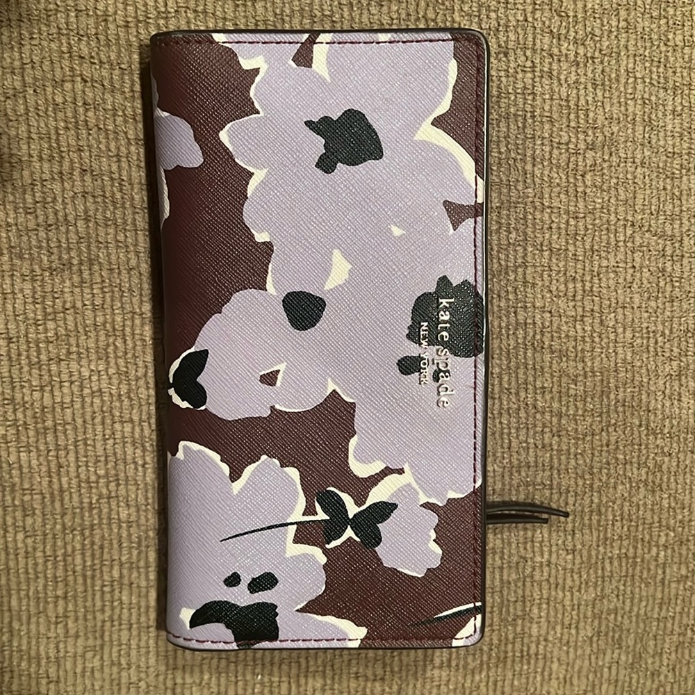 Kate Spade Cameron WLRU6040 Crossgrain Leather Purple Floral Bifold Wallet